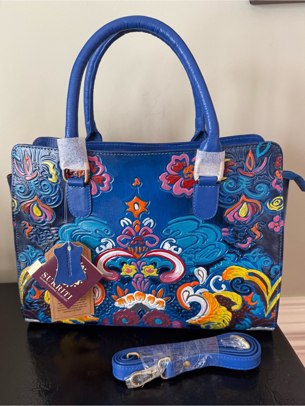 Sukriti Blue Genuine Leather Hand Painted Tooled Satchel Bag NWT